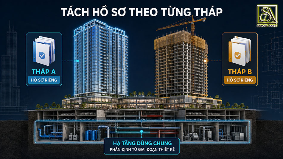 Minh họa tách hồ sơ hoàn công theo từng tháp và hạ tầng dùng chung